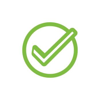 A bright green check mark is centered within a round circle on white vector