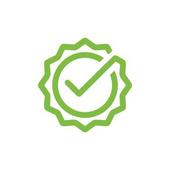 A green check mark is encircled inside a jagged badge outline, transparent background vector