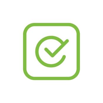 A green check mark inside a rounded square signifies completion on a white background vector