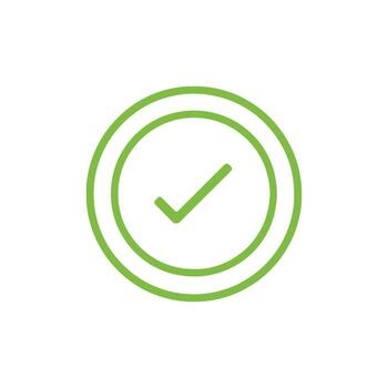 A green check mark resides within a double green circle with transparency vector