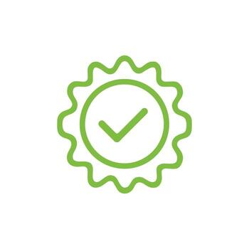 Green check mark inside rounded badge shows verification on a transparent background vector