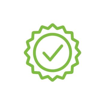Green check mark inside seal icon confirms task completion, on transparent background vector