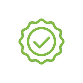 Green check mark inside round wavy seal, indicating approval on transparent background vector