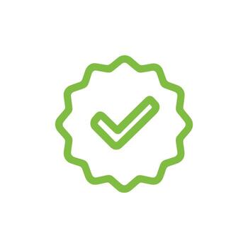 Lime green check mark in a starburst circle confirms and validates transparent vector