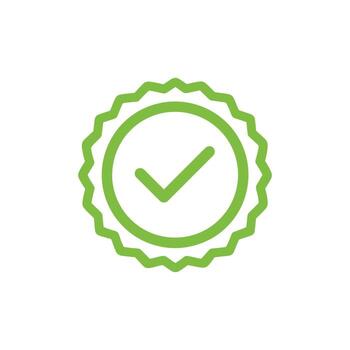 A simple green check mark icon is displayed inside a round badge on white background vector