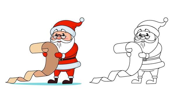 Santa Claus reading wish list. Merry Christmas and Happy New Year. Black and white illustration for coloring book with example in color vector
