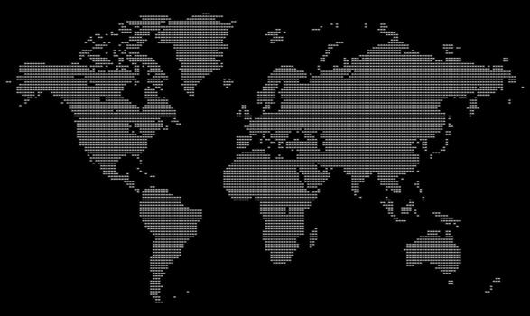 Geometric horizontal dot map with detailed world continents in a square frame. A minimal cartography design element. Perfect for graphic projects focused on global reach. vector