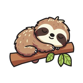 Illustration Graphic Cartoon of a Tiny Sloth Peacefully Napping on a Branch, Featuring Fine Details on Its Fur, Claws, and Relaxed Expression vector