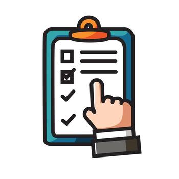 Ilustration Graphic Cartoon of a Hand Pointing at Notes on a Clipboard Icon, Representing Organization, Task Management, and Productivity in a Playful and Interactive Style vector