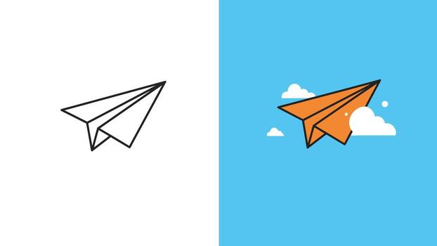 Simple Paper Airplane Soaring Through the Sky with Clouds and Color vector