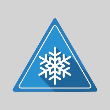 Blue Triangular Warning Sign with Snowflake Icon and Long Shadow vector