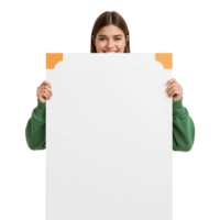 sonriente mujer participación blanco blanco firmar con redondeado decorativo rincones presentación información png