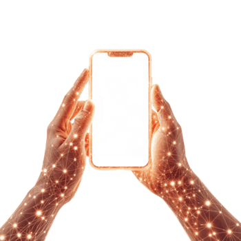 händer visa lysande smartphone med tom skärm och nätverk visualisering täcka över för digital png