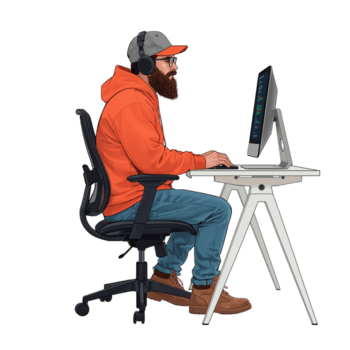 barbudo personagem absorta dentro computador trabalhos com isolado transparente fundo adicionando uma png