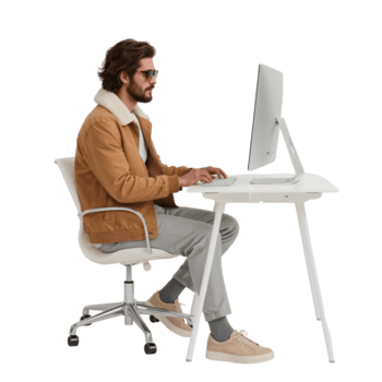 moderno spazio di lavoro con un' focalizzata uomo Lavorando su un' elegante computer impostare nel luminosa leggero png