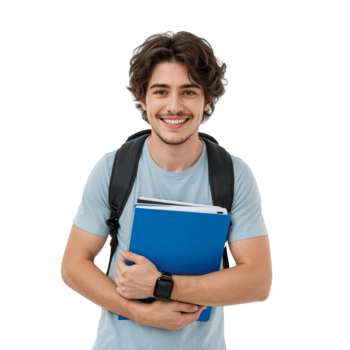 sorridente aluna abraçando academia com confiante charme em transparente configuração do imagem png