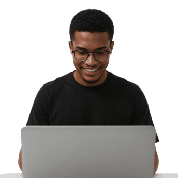 focado Individual trabalhando diligentemente em uma computador portátil com uma brilhante e positivo expressão dentro png