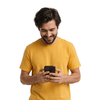 glimlachen Mens gebruik makend van een mobiel telefoon met geïsoleerd transparant achtergrond in studio opstelling png