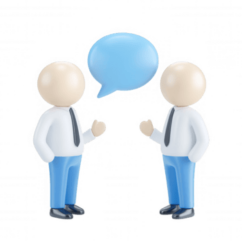 Two 3d icon user businessmen are having a conversation, represented by a large blue speech bubble between them, on a transparent background png