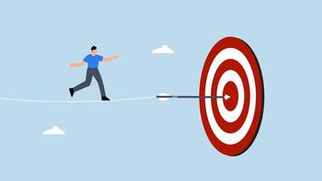 utmaning till betagen svårighet och uppnå företag mål, 4k animering av affärsman akrobat promenad på rep till nå prick pil mål video