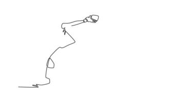 själv teckning animering av enda linje dra attraktiv baseboll spelare kastar de boll på stadion. kvinna tillbringare i konkurrenskraftig spel på sport fält för Träning. kontinuerlig linje. full längd animerad video