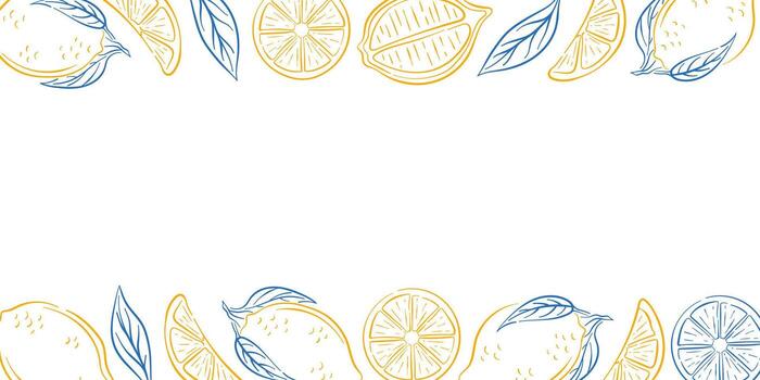 Lemon fruit frame with whole lemon, slice, leaf on white background in line art style. Perfect for banner, package store, greeting card and summer invitation design. vector