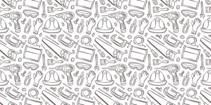 Hardware tool seamless pattern in line art style. Toolbox background for construction store design. vector