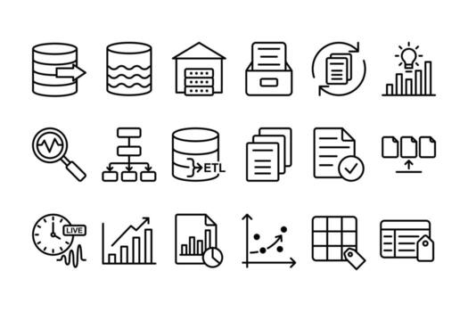 big data management icon pack. data warehouse, analytics outline icons. minimal line art set for database and business intelligence. data processing icons pack for apps, infographic, and dashboard vector