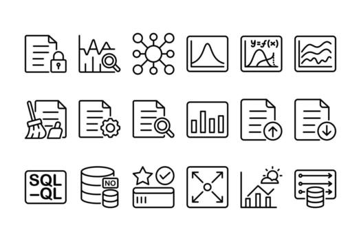 datos analítica icono embalar. base de datos administración y negocio inteligencia contorno simbolos grande datos y informes símbolo paquete para tableros de instrumentos, aplicaciones, y infografia vector