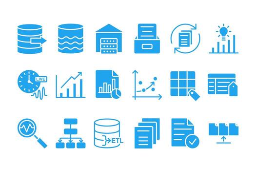 grande datos analítica icono colocar. plano azul lleno símbolos para base de datos, datos almacén conceptos. azul datos Procesando iconos flujo de trabajo y tiempo real analítica . datos administración y informes icono vector
