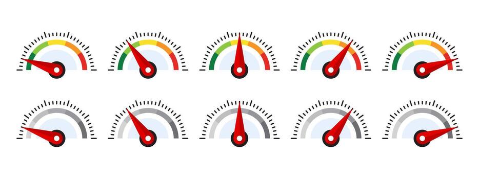 Speedometer and gauge icons set. Colorful and grayscale options indicating various performance levels. illustration vector