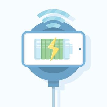 A clean and modern wireless charging icon with a minimalist style. It depicts energy waves radiating from a smart device, symbolizing wireless power transfer. Flat illustration on a background. vector