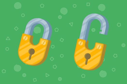 Unlock and close icons. Protection, privacy, data access, security, encryption. Padlock-shaped illustration. Two perforated padlocks. Locked and unlocked keys. Flat illustration. vector