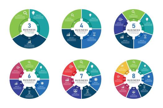 Set of infographic circle templates for 3, 4, 5, 6, 7, 8 steps or options vector