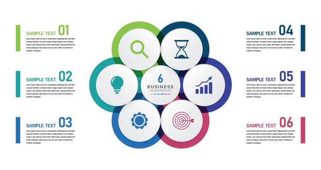 Infographic template for business presentation. Circle with title in the middle and 6 steps. vector