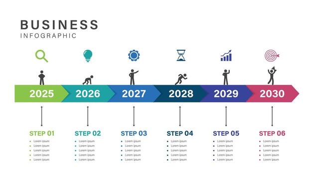 Timeline infographic with arrows and icons from 2025 to 2030 for business planning or project presentation. step for motivation for target of company. vector