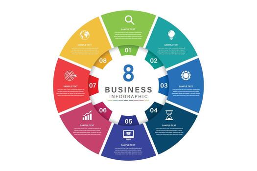 infographic label design with circle infographic template design and 8 options or steps. Can be used for process diagram, presentations, workflow layout, banner, flow chart, info graph. vector