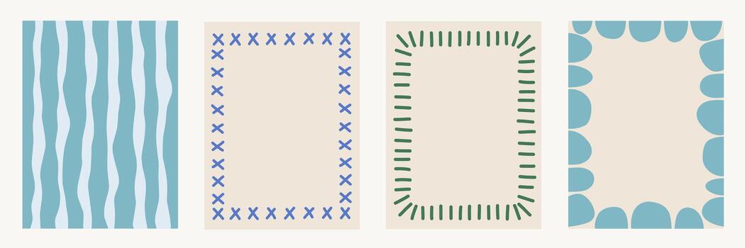 Wavy frames set. Doodle wave edge borders. Retro Dolce Vita curved shapes, rectangular, circular elements, frame, forms. Abstract vintage geometric posters. Whimsical summer pattern card. vector