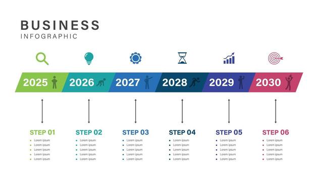 Timeline infographic with arrows and icons from 2025 to 2030 for business planning or project presentation. step for motivation for target of company vector