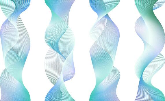 smoke wavy steams on white. Abstract line air flow or transparent flame fire texture. Cigarette trail effect blue isolated fog cloud. Thin soft 3d vertical ribbon set. vector