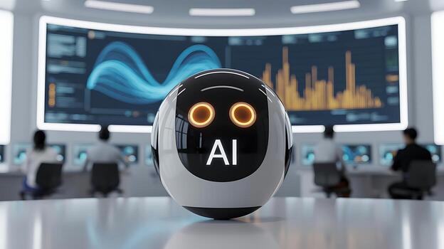 AI Robot Head in Control Room Monitoring Data Analytics with Employees Working in Background Future Technology Concept photo