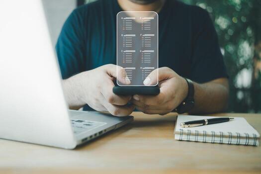 Choose correct answer in test. Online testing after and before learning on mobile phone. Online exam test. Learning online from everywhere photo