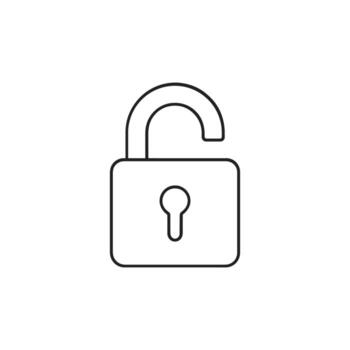 Simple black and white outline of an unlocked padlock. Security concepts, locksmith services, website design, cybersecurity graphics, digital protection illustrations. vector
