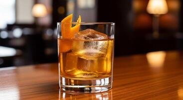 un vaso de whisky con un naranja rebanada en parte superior foto