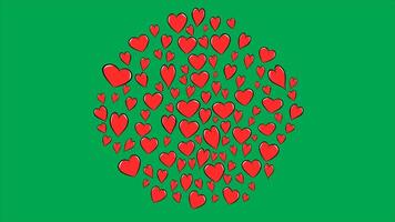 Abstract red heart shapes animation round pattern with loop motion on green screen. 4K animated for love background, romantic theme, and overlays. video