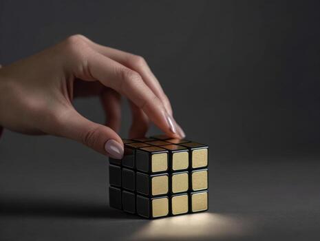 Hand turning Rubik cube on dark background with gold accents, minimalistic design photo