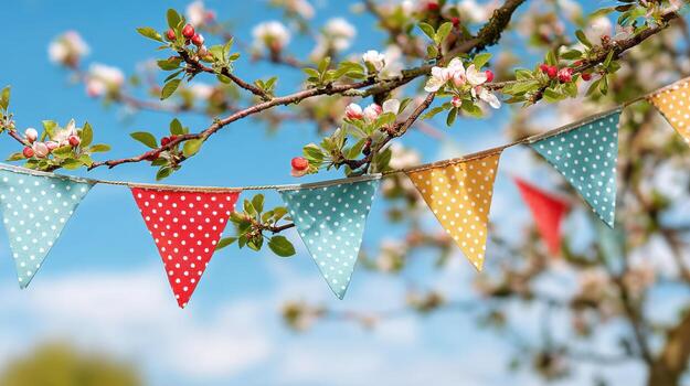 Colorful bunting on a tree branch photo