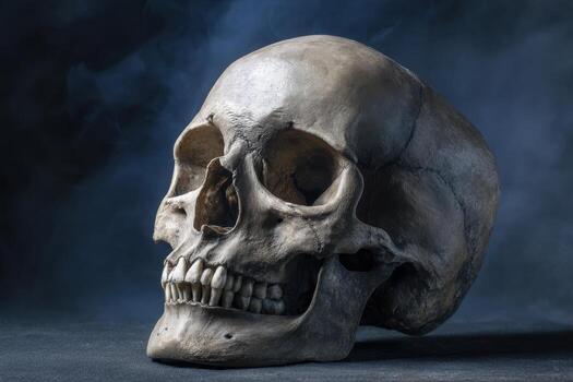A close up studio shot of a human skull with dark background and dramatic lighting on display now photo