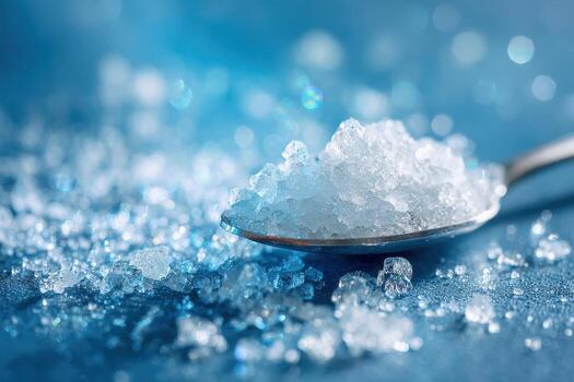 Spoon with crystal sugar against blue background photo