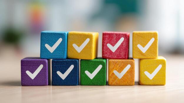 Colorful wooden blocks stacked with white check marks on each block in a bright and cheerful scene photo
